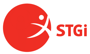 Red circular logo with a stylized white figure and the letters