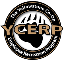 Circular logo for The Yellowstone Co-Op Employee Recreation Program with a bear paw print and the initials "YCERP" in bold letters.