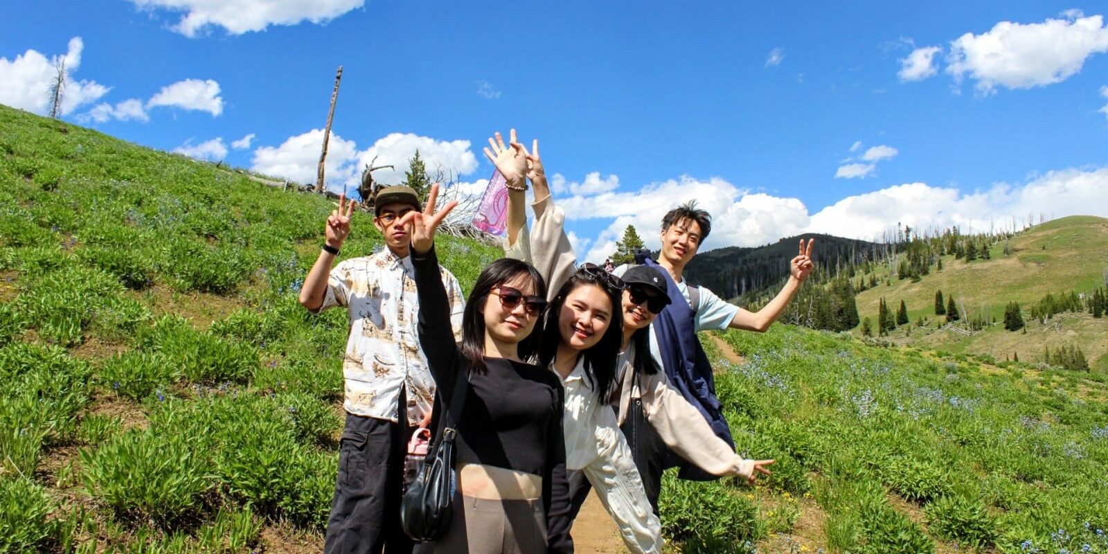 Four people pose and smile on a grassy hillside trail under a blue sky with clouds, surrounded by green vegetation and distant trees.