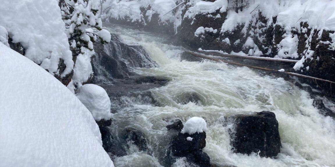 Snow-covered trees surround a fast-flowing river with rapids and rocks under an overcast winter sky.