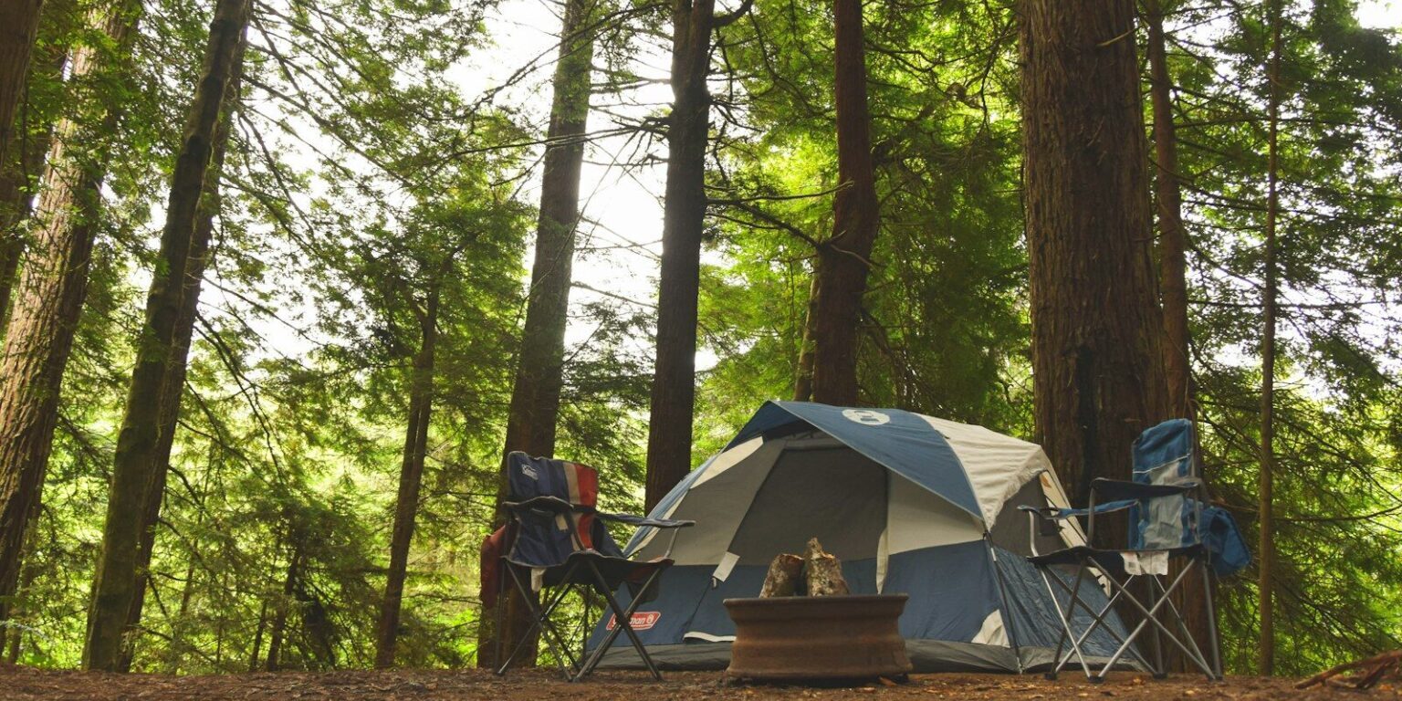 two blue camping chairs near camping tent